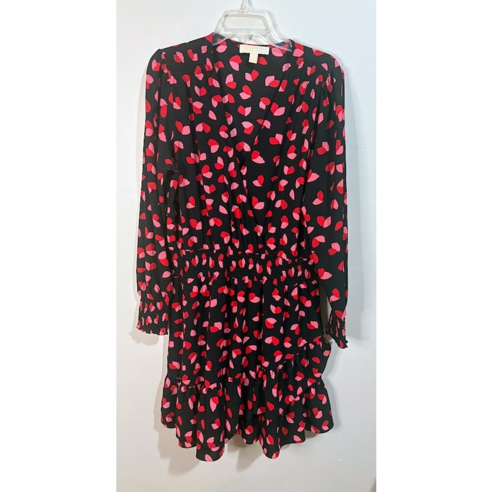Michael Kors Red‎ Pink Black Long Sleeve Petal Crepe Wrap Ruffle Dress Size XL